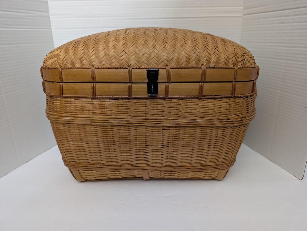 Vintage Asian Woven Bamboo Picnic Basket Lidded Storage Trunk Boho